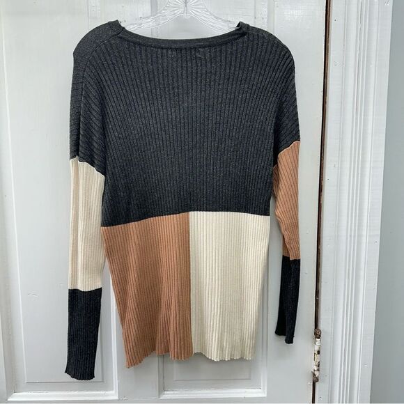 Polagram grey tan beige ribbed long sleeve lightweight sweater women's small - Picture 2 of 3